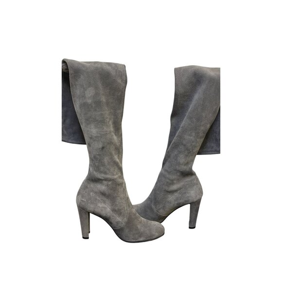 Stuart Weitzman Suede Over-The-Knee Boots Grey With Block Heel & Tie Closure Siz - Picture 7 of 14